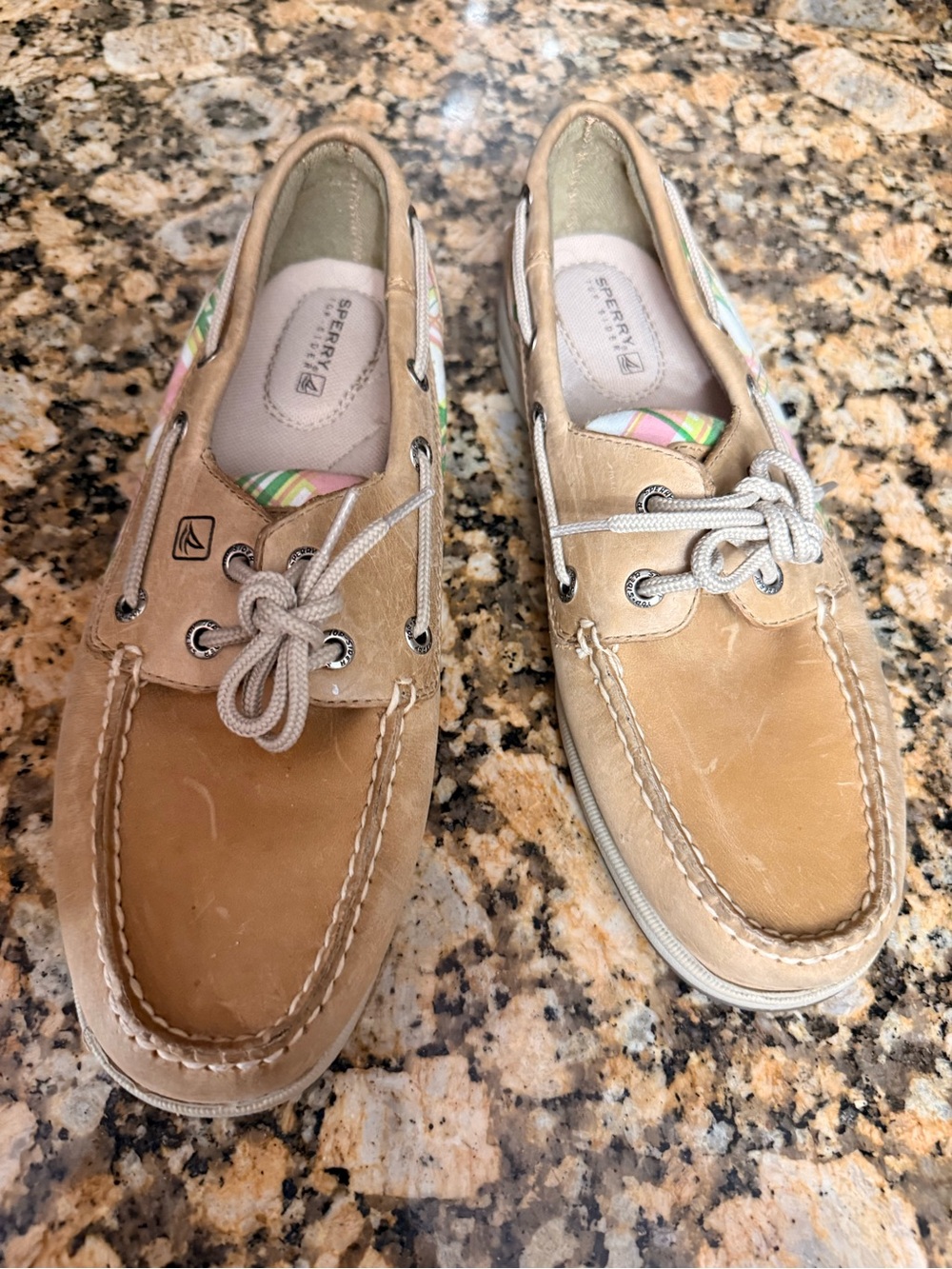 Sperry Top Sider Bluefish Boat Shoes Women 8.5 Tan Leather Pink Plaid